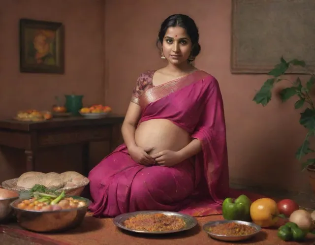 ఒక గర్భిణీ స్త్రీ నేలపై కూర్చుని ఆహారంతో చుట్టుముట్టింది.