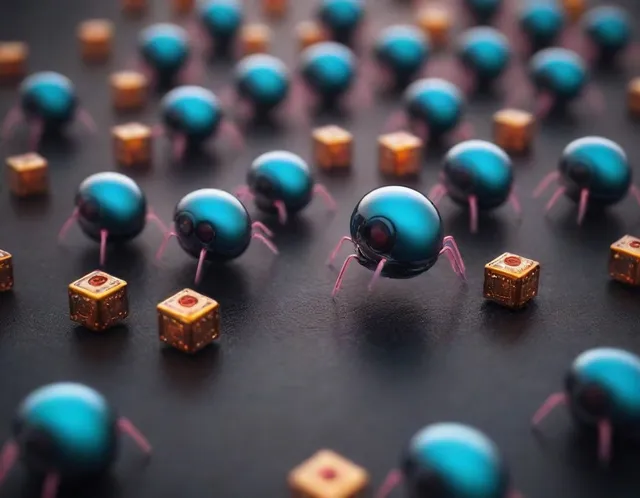 రోబోలు బంగారు ఘనాల వైపు కవాతు చేస్తున్నాయి.